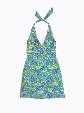 Lilly Pulitzer Hidden Zebra Halter Dress XS Blue Green Floral Stripe Trim Preppy